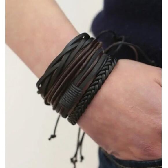 4 Piece Men's PU Leather Bohemian  Bracelet - Picture 4 of 4